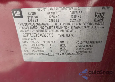 2010 GMC Terrain Slt-2 from USA, damaged, VIN 2CTFLJEY6A6350770